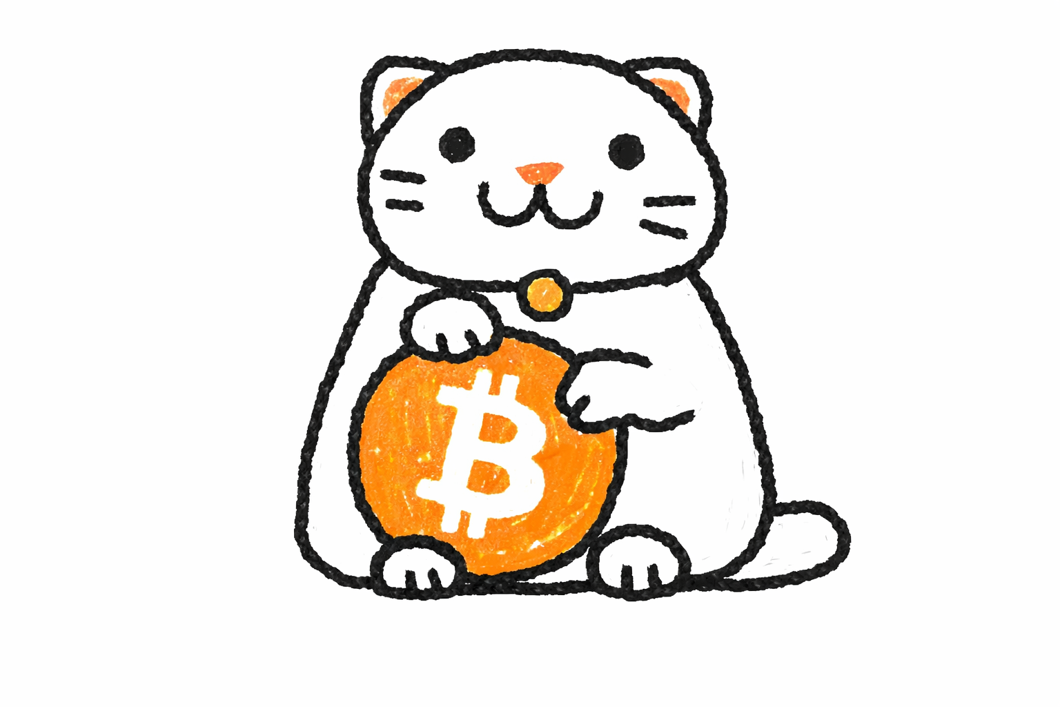 Hand-drawn NEKO lucky cat holding an orange Bitcoin